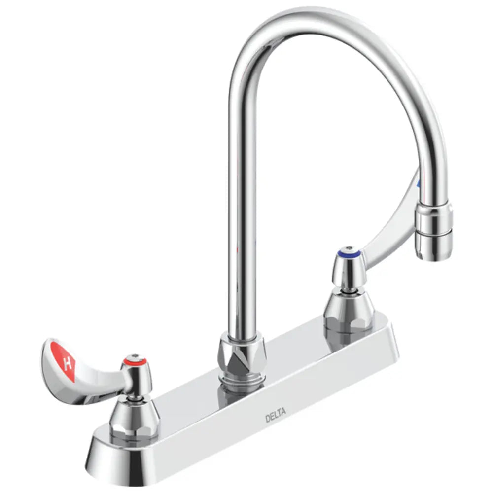 Delta Double Handle 1.5GPM Ceramic Disc Kitchen Faucet with Blade Handles Gooseneck Spout and Antimicrobial by AgION from the Commercial Series