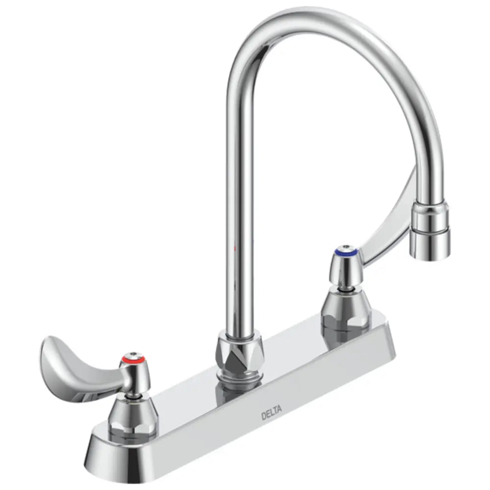 Delta Double Handle 1.5GPM Ceramic Disc Kitchen Faucet with Blade Handles Gooseneck Spout and Antimicrobial by AgION from the Commercial Series