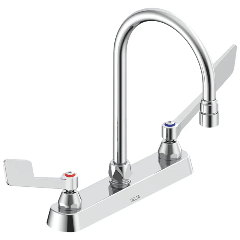 Delta Double Handle 1.5GPM Ceramic Disc Kitchen Faucet with Wrist Blade Handles and Gooseneck Spout from the Commercial Series