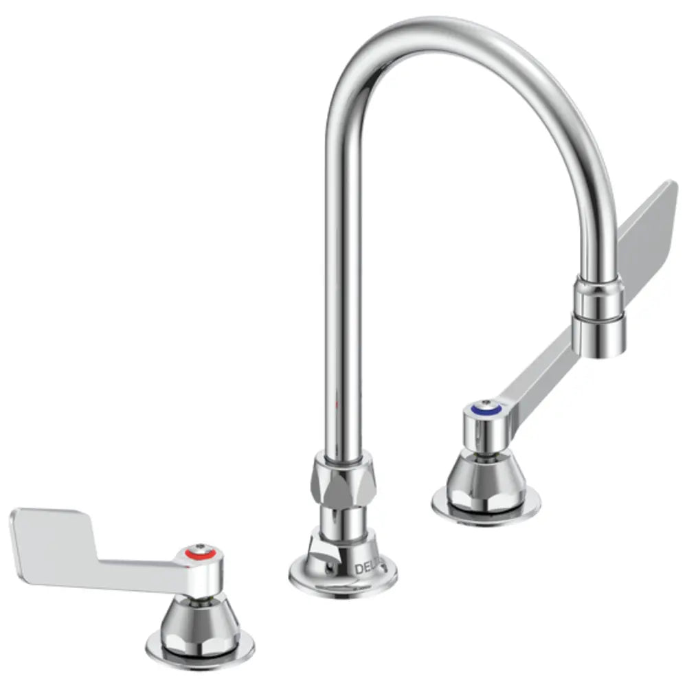 Delta Double Handle 1.5GPM Ceramic Disc Below Deckmount Kitchen Faucet with Wrist Blade Handles Gooseneck Spout and Vandal Resistant Aerator from the Commercial Series