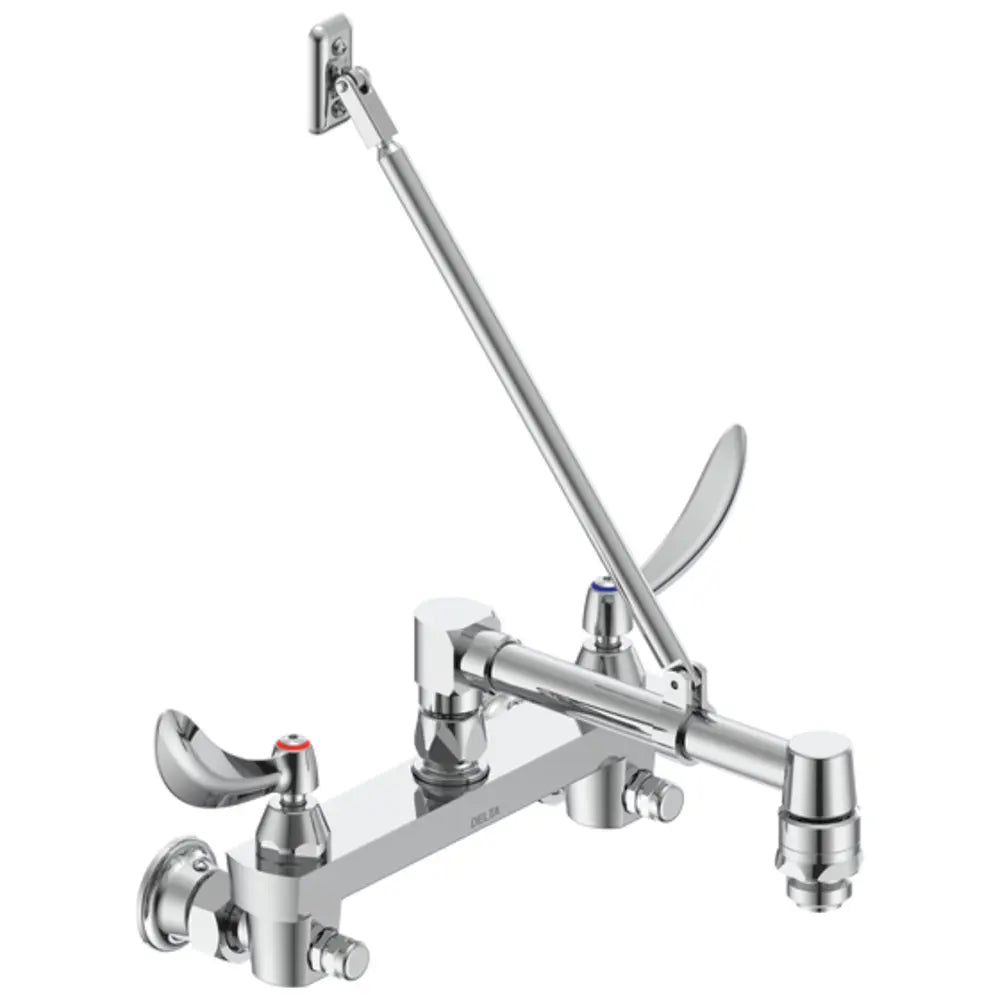 Delta Double Handle Ceramic Disc Wallmount Faucet with Blade Handles Long Spout with Brace and Vacuum Breaker Aerator from the Commercial Series