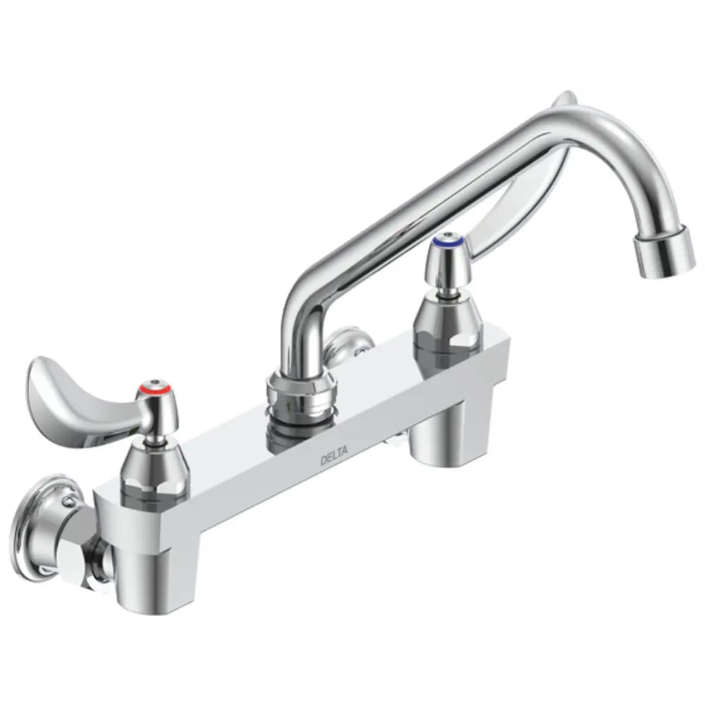 Delta Double Handle 1.5GPM Ceramic Disc Wallmount Faucet Less Integral Stops with Blade Handles 8" Tubular Swing Spout and Antimicrobial by AgION from the Commercial Series