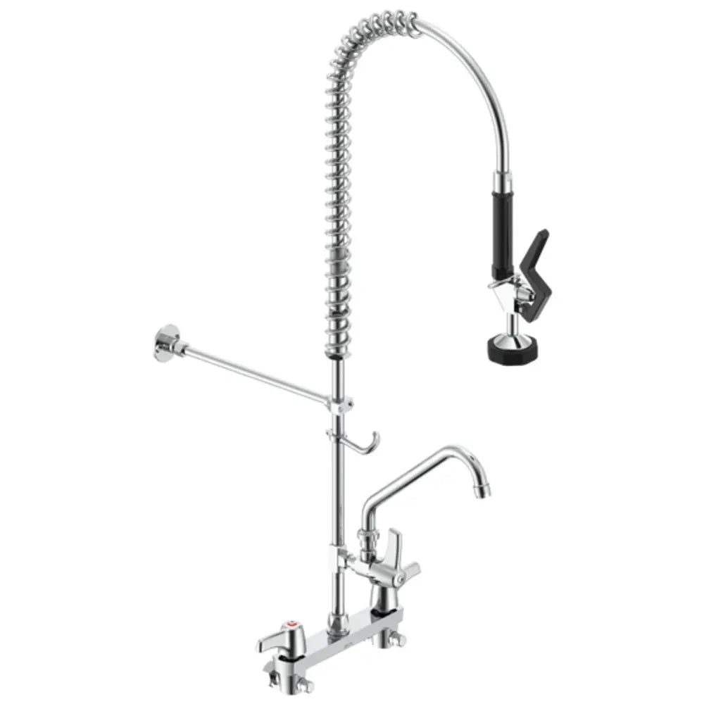 Delta Commercial Double Handle Wall Mounted Pre-Rinse Kitchen Faucet with 1.5 GPM Add-On Single Handle Tubular Swing Spout Faucet