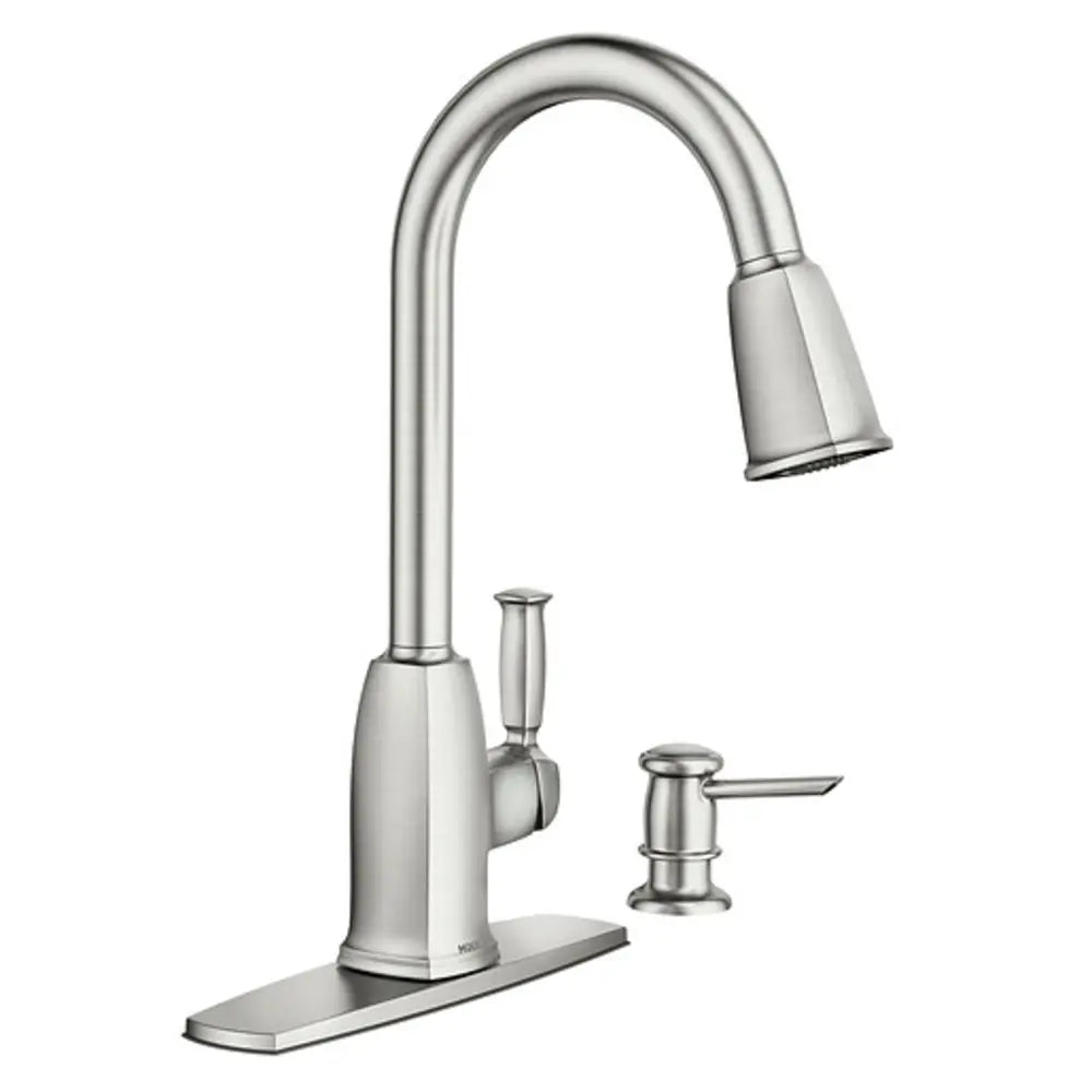 Moen Wellsley Pull-Down Spray Kitchen Faucet with Power Clean and Reflex Technology - Includes Soap Dispenser