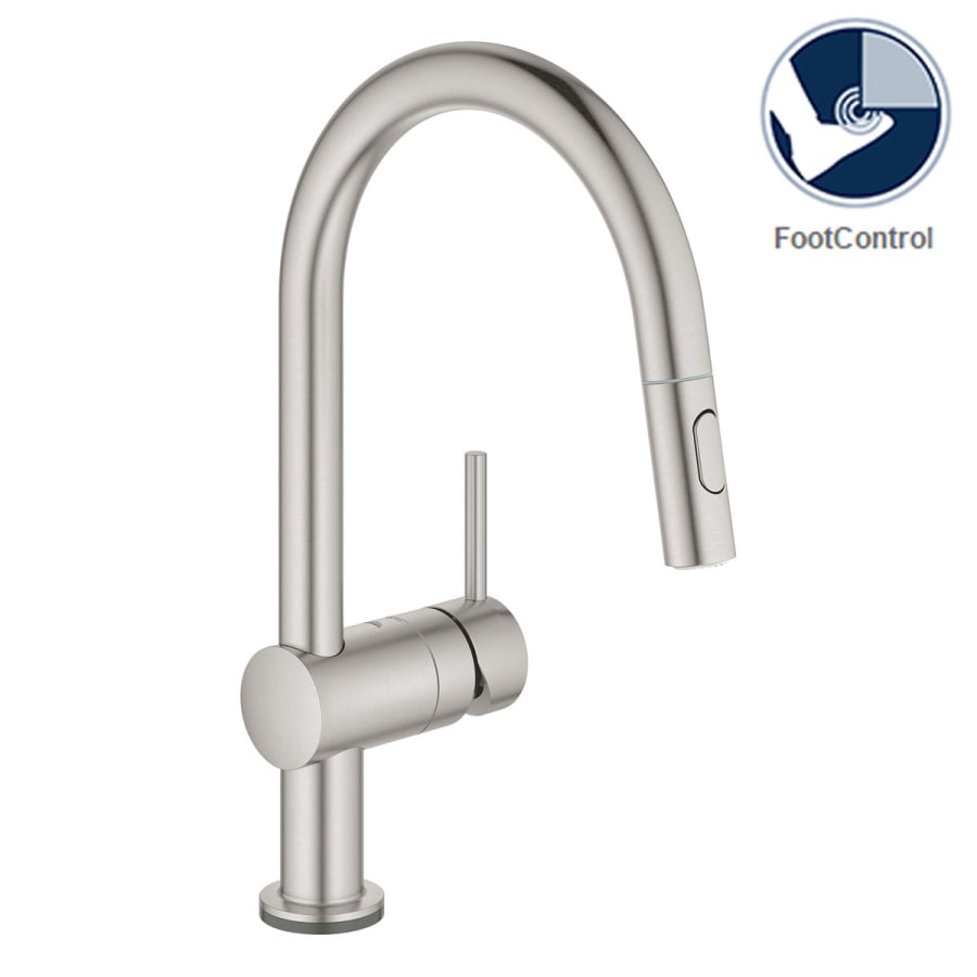 Grohe Minta Pull-Down Kitchen Faucet and Foot Control Adapter Kit Combo with 2-Function Push and Lock Sprayer