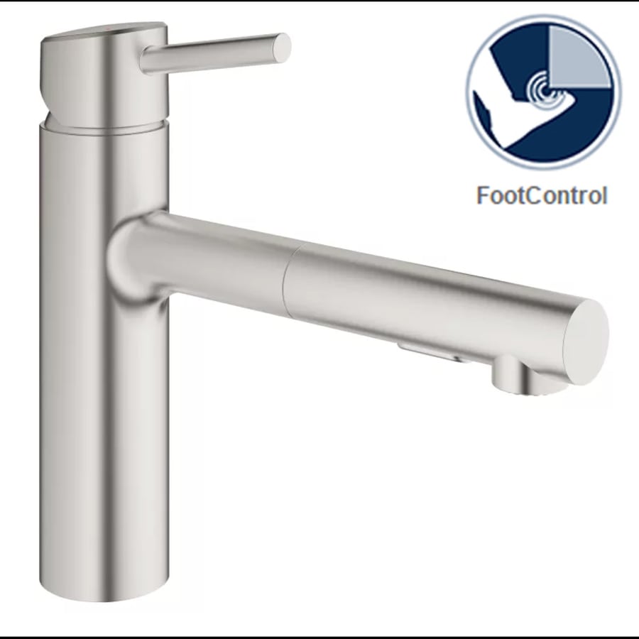 Grohe Concetto Pull-Out Kitchen Faucet and Foot Control Adapter Kit Combo with 2-Function Locking Sprayer