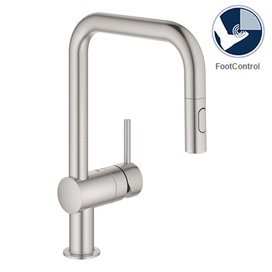 Grohe Minta Pull-Down Kitchen Faucet and Foot Control Adapter Kit Combo with 2-Function Push and Lock Sprayer