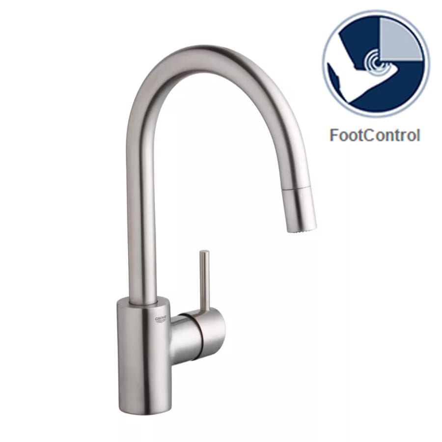 Grohe Concetto Pull-Down High-Arc Kitchen Faucet and Foot Control Adapter Kit Combo with 2-Function Locking Sprayer