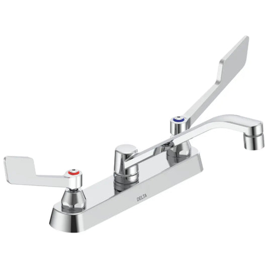 Delta Double Handle 0.5GPM Ceramic Disc Kitchen Faucet with Wrist Blade Handles Wallform Swing Spout from the Commercial Series