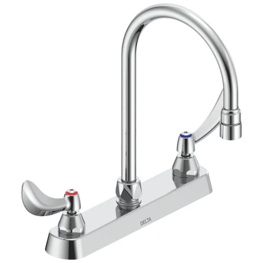 Delta Double Handle 1.5GPM Ceramic Disc Kitchen Faucet with Blade Handles Gooseneck Spout and Antimicrobial by AgION from the Commercial Series
