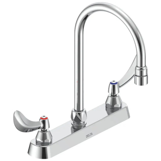 Delta Double Handle 1.5GPM Ceramic Disc Kitchen Faucet with Blade Handles Limited Swivel Gooseneck Spout and Vandal Resistant Aerator from the Commercial Series