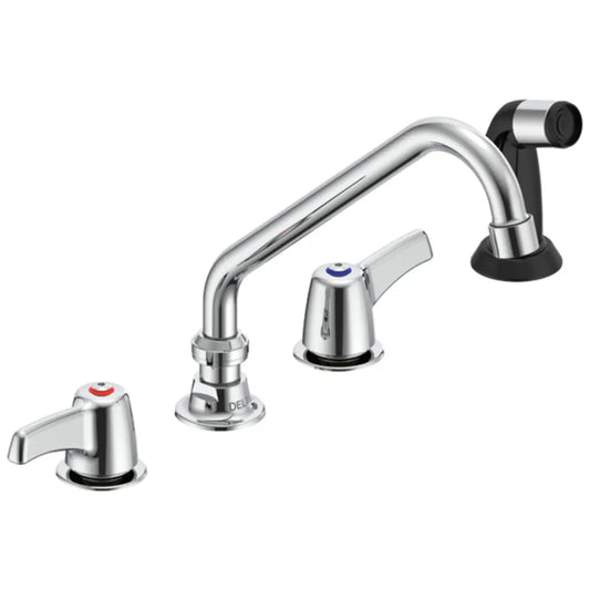 Delta Double Handle 1.5GPM Below Deckmount Kitchen Faucet with Lever Blade Handles, Side Spray, Tubular Swing Spout, and Vandal Resistant Aerator