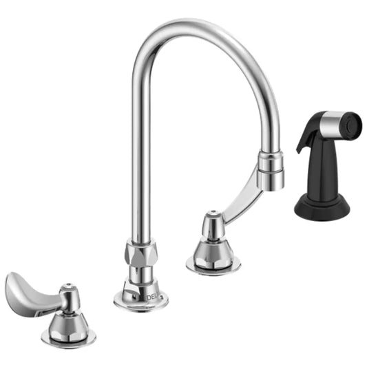 Delta Double Handle 1.5GPM Ceramic Disc Below Deckmount Kitchen Faucet with Blade Handles Side Spray Gooseneck Spout and Vandal Resistant Aerator from the Commercial Series