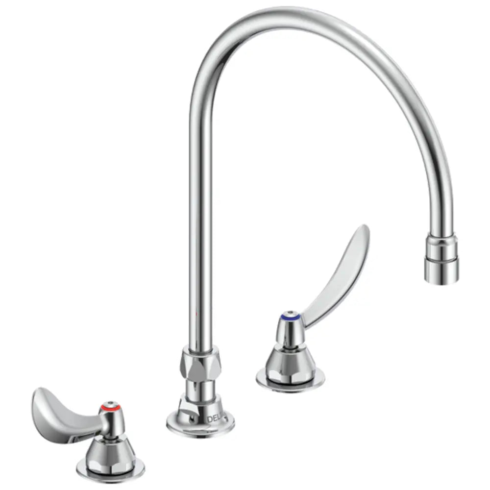 Delta Double Handle 1.5GPM Ceramic Disc Below Deckmount Kitchen Faucet with Blade Handles Gooseneck Spout and Antimicrobial by AgION from the Commercial Series
