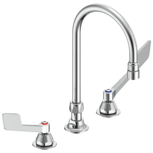 Delta Double Handle 1.5GPM Ceramic Disc Below Deckmount Kitchen Faucet with Wrist Blade Handles Gooseneck Spout and Vandal Resistant Aerator from the Commercial Series