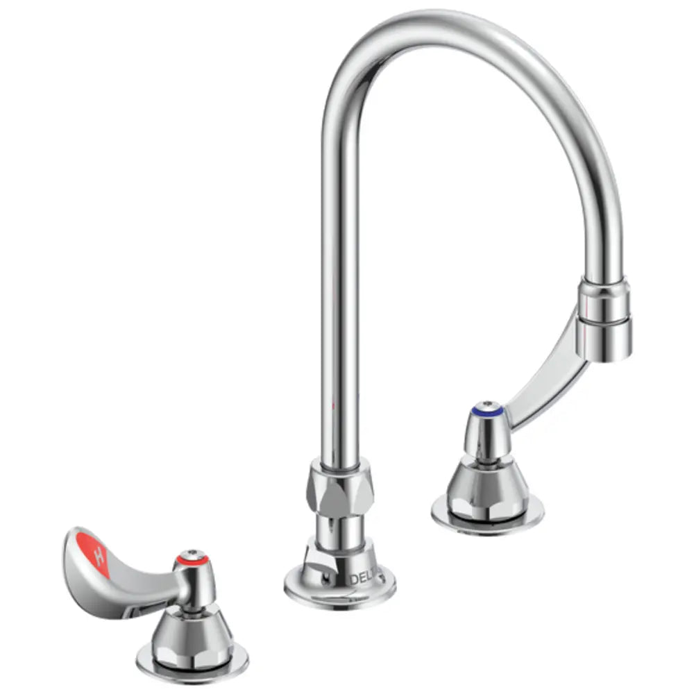 Delta Commercial Double Handle Gooseneck Kitchen Faucet with 1.5 GPM Standard Aerator Blade Handles with Sanitary Hood Temperature Indicators and 5.8" Spout Height