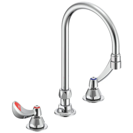Delta Commercial Double Handle Gooseneck Kitchen Faucet with 1.5 GPM Standard Aerator Blade Handles with Sanitary Hood Temperature Indicators and 5.8" Spout Height