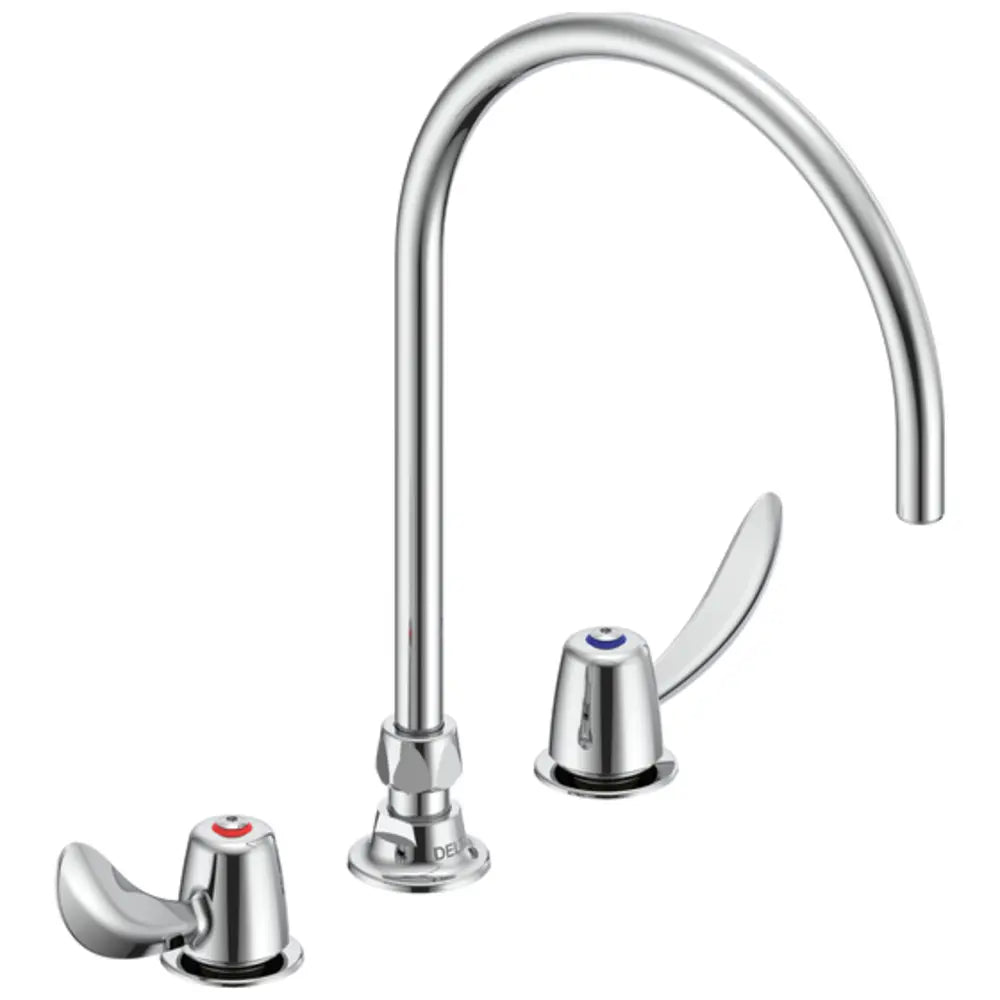 Delta Commercial Double Handle Gooseneck Kitchen Faucet with 1.1 GPM Flow Control Hooded Blade Handles and 6.7" Spout Height