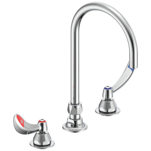Delta Double Handle 1.5GPM Ceramic Disc Below Deckmount Kitchen Faucet with Temperature Indicated Blade Handles and Smooth End Gooseneck Spout from the Commercial Series