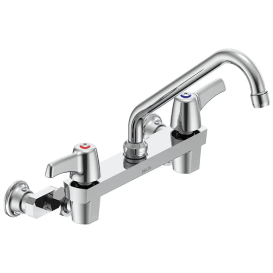 Delta Double Handle 1.5GPM Ceramic Disc Wallmount Faucet Less Integral Stops with Lever Blade Handles Adjustable Centers and 8" Tubular Swing Spout from the Commercial Series