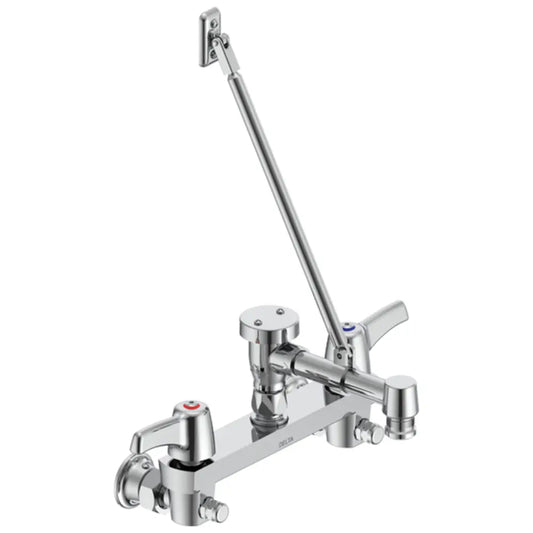 Delta Double Handle Ceramic Disc Wallmount Faucet with Lever Blade Handles Long Spout with Brace and Body Mounted Angle Vacuum Breaker from the Commercial Series