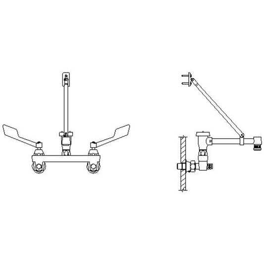 Delta Double Handle Ceramic Disc Wallmount Faucet with Wrist Blade Handles Long Spout with Brace and Body Mounted Angle Vacuum Breaker from the Commercial Series