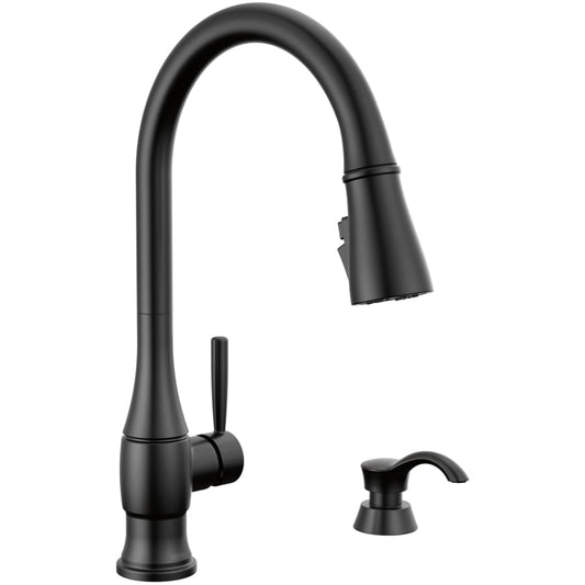 Delta Hazelwood 1.8 GPM Single Hole Pull Down Kitchen Faucet with MagnaTite and ShieldSpray Technologies - Includes Soap Dispenser and Escutcheon