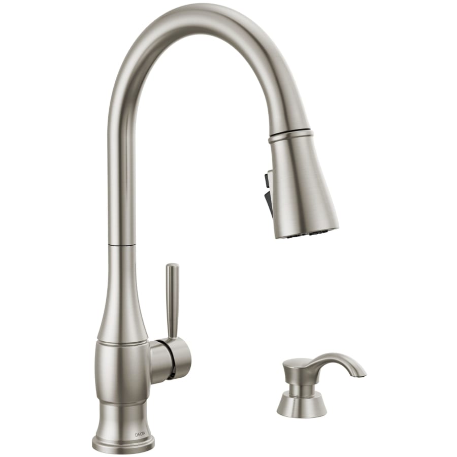 Delta Hazelwood 1.8 GPM Single Hole Pull Down Kitchen Faucet with MagnaTite and ShieldSpray Technologies - Includes Soap Dispenser and Escutcheon