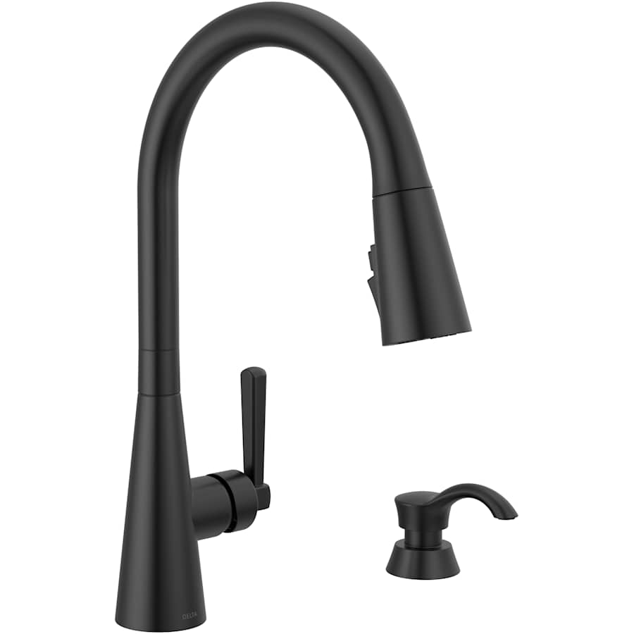 Delta Boyd 1.8 GPM Single Hole Pull Down Kitchen Faucet with Magnetic Docking Spray Head and ShieldSpray - Includes Escutcheon Plate and Soap Dispenser