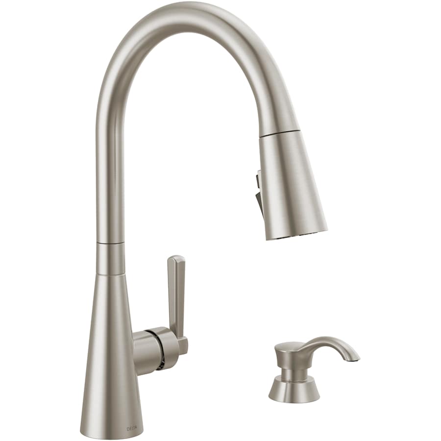 Delta Boyd 1.8 GPM Single Hole Pull Down Kitchen Faucet with Magnetic Docking Spray Head and ShieldSpray - Includes Escutcheon Plate and Soap Dispenser