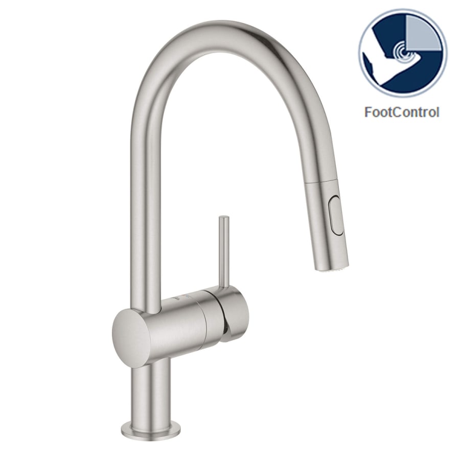 Grohe Minta Pull-Down Kitchen Faucet and Foot Control Adapter Kit Combo with 2-Function Push and Lock Sprayer